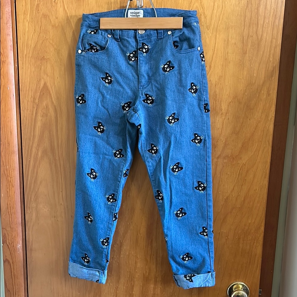 Unique Vintage Cat Print Denim Pants